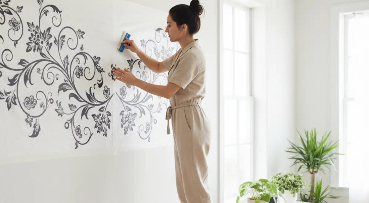 A woman using a squeegee to carefully apply a large, elegant vinyl decal onto a lightly textured wall before the transfer tape is removed.