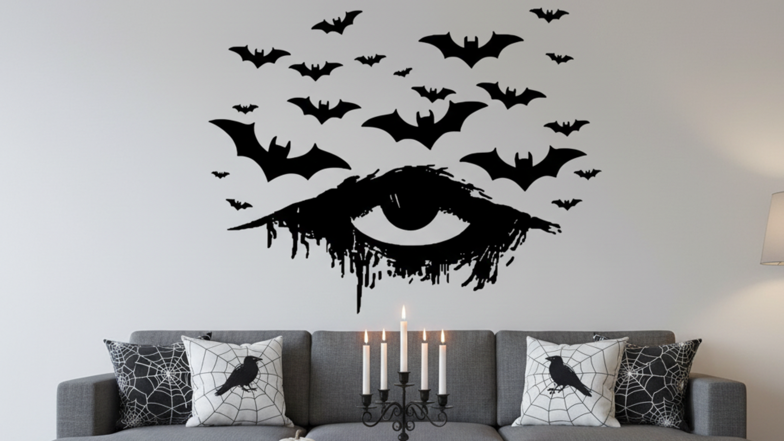 Halloween living room with a large black dripping gazing eye wall decal surrounded by bats above a gray sofa, styled with spiderweb and crow pillows. This sophisticated, eerie decor inspires high-end, unique Halloween transformations.