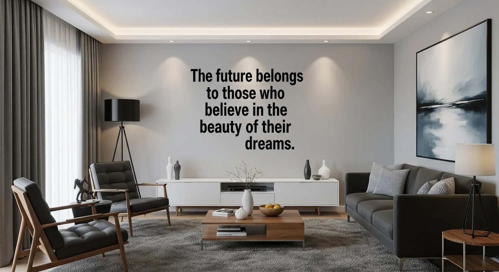 Stylish living room featuring a black vinyl wall decal with an inspirational quote, "The future belongs to those who believe in the beauty of their dreams," seamlessly applied to a light gray wall.