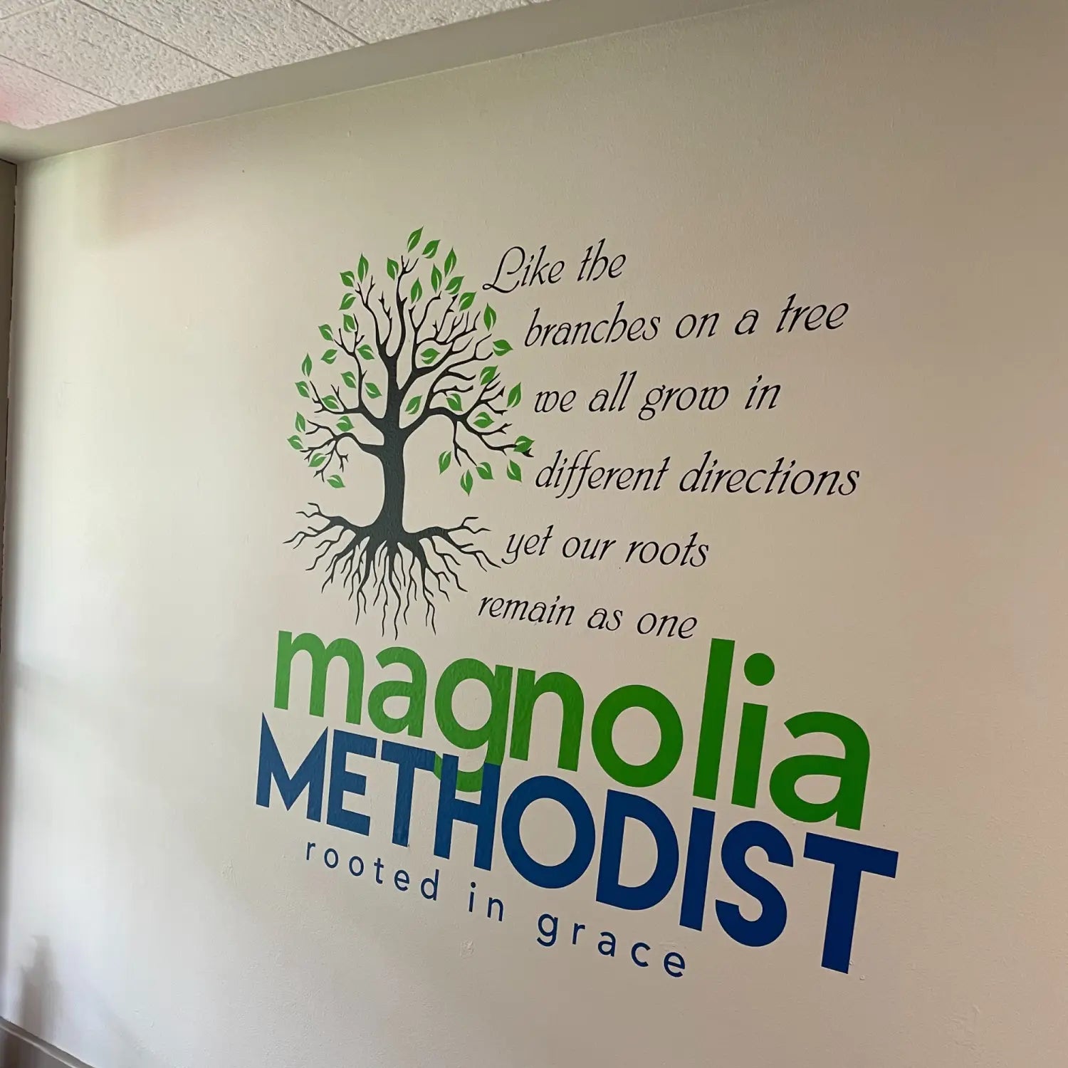 Beautiful vinyl wall decal custom designed for a church entryway wall. Using one of our premade designs we incorporated the customers chruch logo and tag line perfectly to welcome guests to their church beautifully!