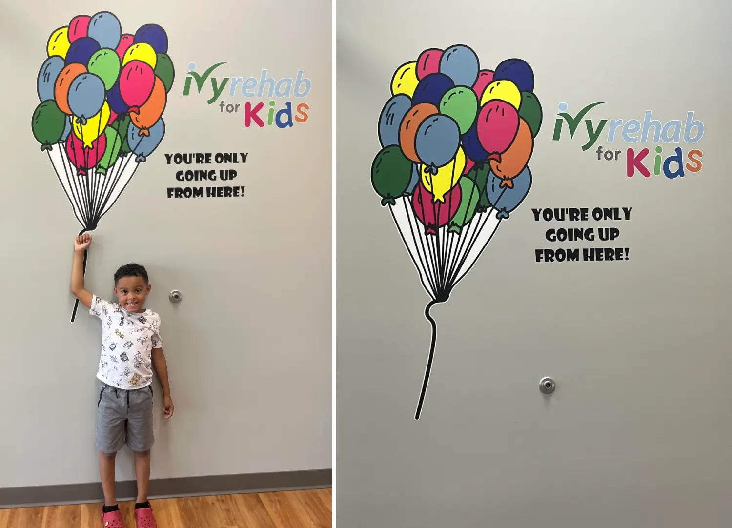 Custom vinyl balloon decals and business logo create a cheerful and inspiring message of hope in a children's rehab center.