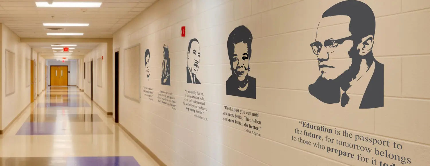 A large collection of vinyl wall decals and silhouette profiles decals of famous black leaders in history. School hallway shown utilizing several quotes and picture displays to create a themed school hallway during Black History Month.