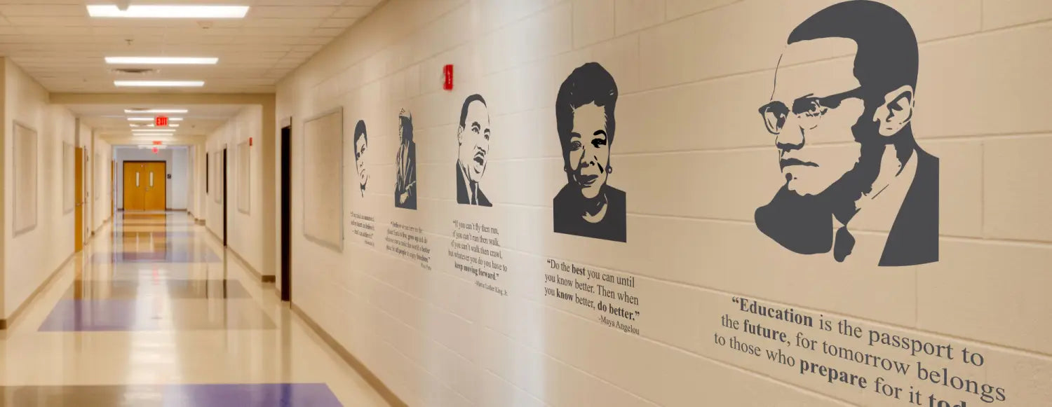 A large collection of vinyl wall decals and silhouette profiles decals of famous black leaders in history. School hallway shown utilizing several quotes and picture displays to create a themed school hallway during Black History Month. 