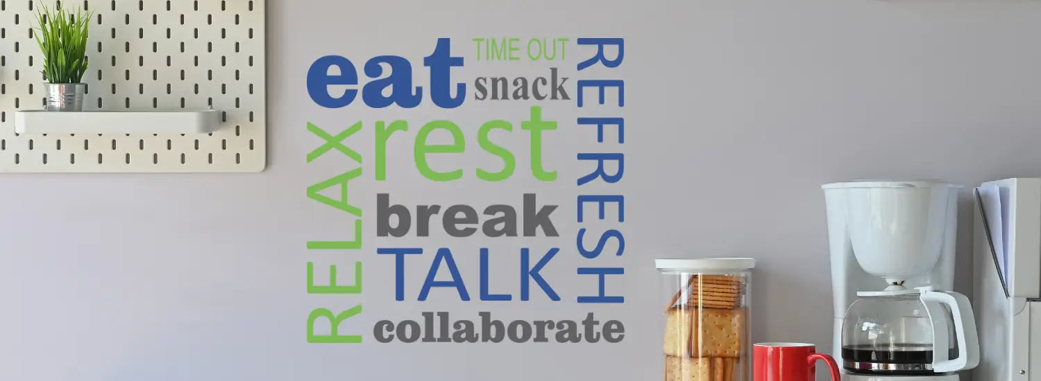 A collection of inspiring wall decals for breakrooms. The decals feature uplifting messages and eye-catching designs, perfect for boosting employee morale and fostering a sense of belonging.