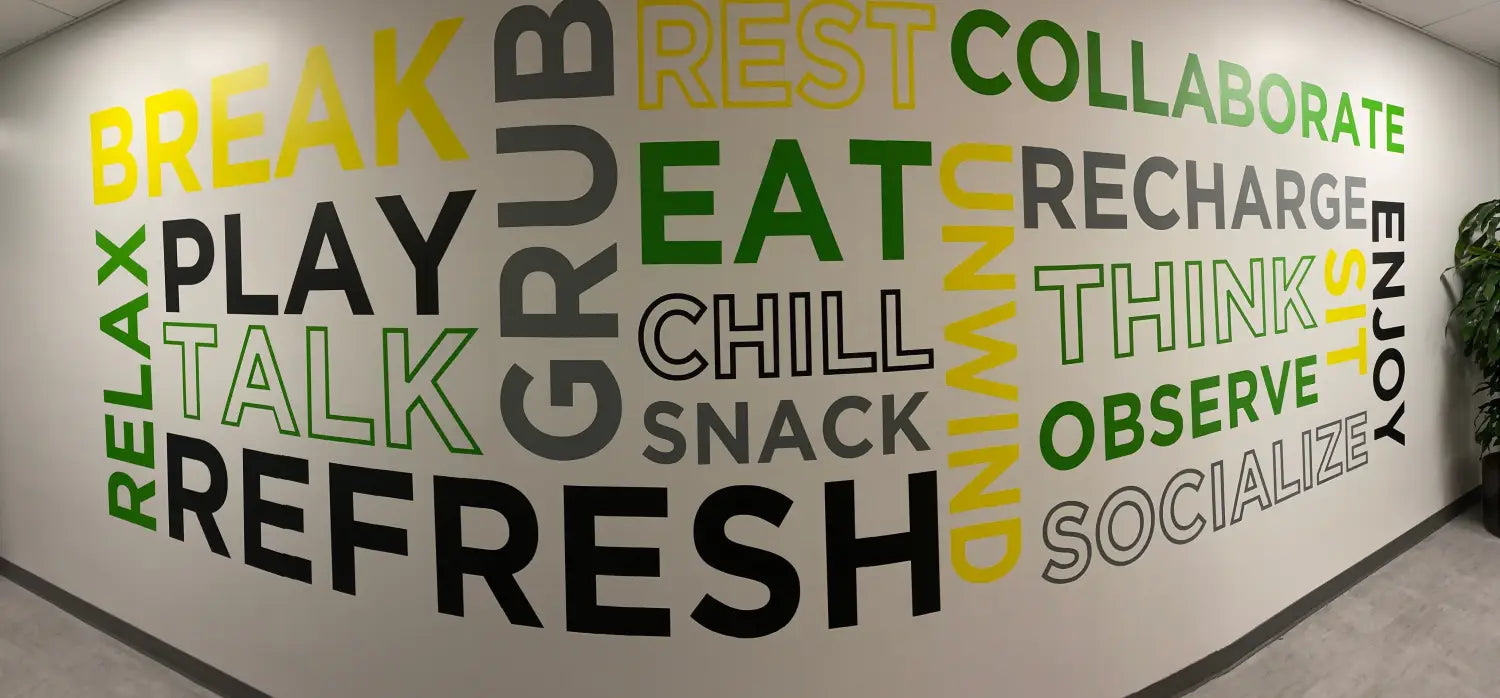 Large & colorful display ideas using Simple Stencil decals to create welcoming atmosphere in your business office settings and reception or lobby areas. Custom displays in many sizes and colors to match your decor as shown in picture.