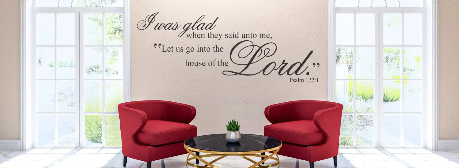 Church foyer and entryway decorating ideas using easy to install wall decal of welcoming and inspiring bible verses and scriptures.