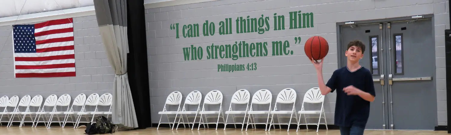 Inspirational religious phrases and scripture wall decals to inspire the church members while using the gym and workout areas. Custom designs available.