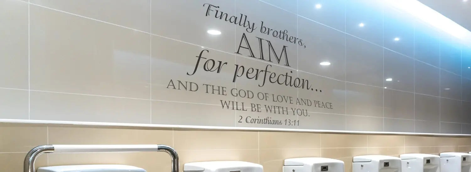 Church bathroom wall decals to inspire, state rules and requests to keep restroom clean, direct congregation easily, etc.
