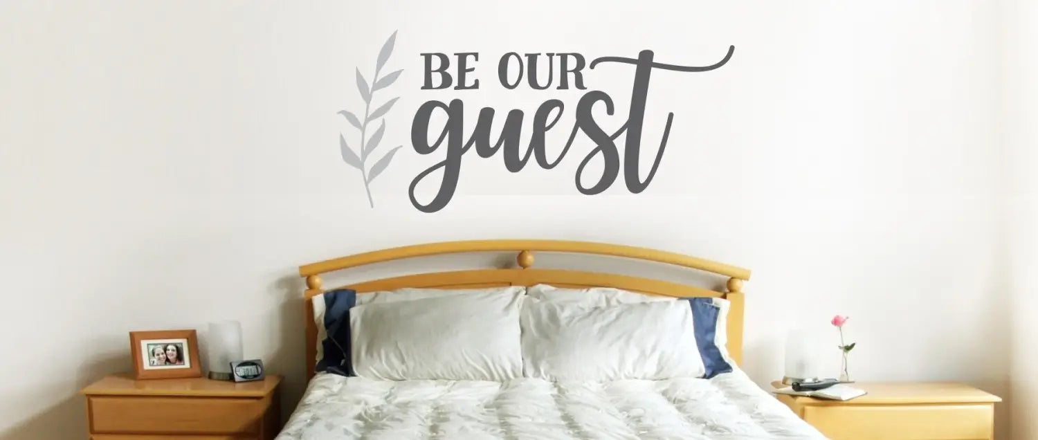Be Our Guest - Wall Art Decals and Decal Stencil Phrases to decorate your guest room walls, doors and windows with easy process. Transform a room into an inviting guest room to welcome holiday guests the Simple Stencil way!