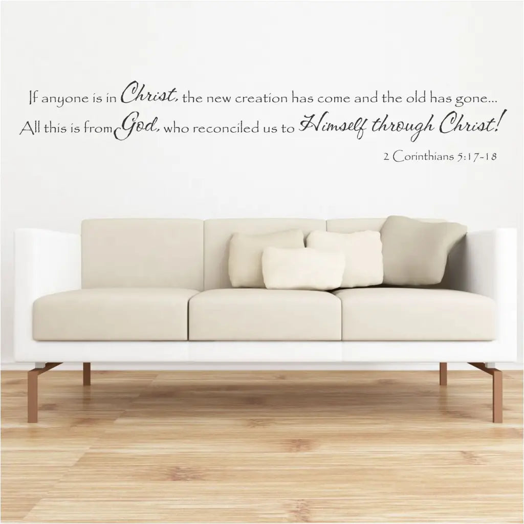 If anyone is in Christ, the new creation has come and the old has gone... All this is from God, who reconciled us to Himself through Christ! 2 Corinthians 5:17-18 Bible verse scripture wall decal art by The Simple Stencil