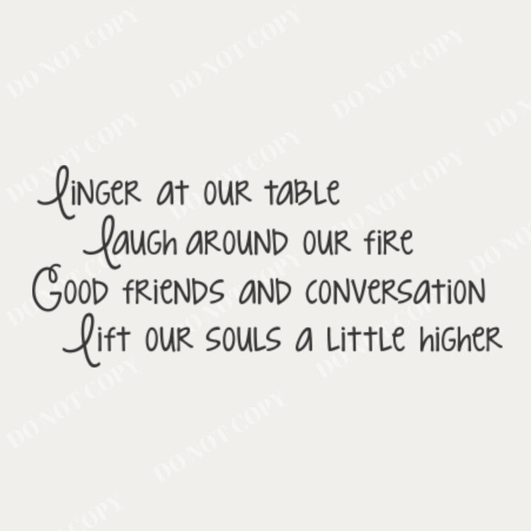 Close up of our Linger at our table wall art decal for gathering spaces in your home.