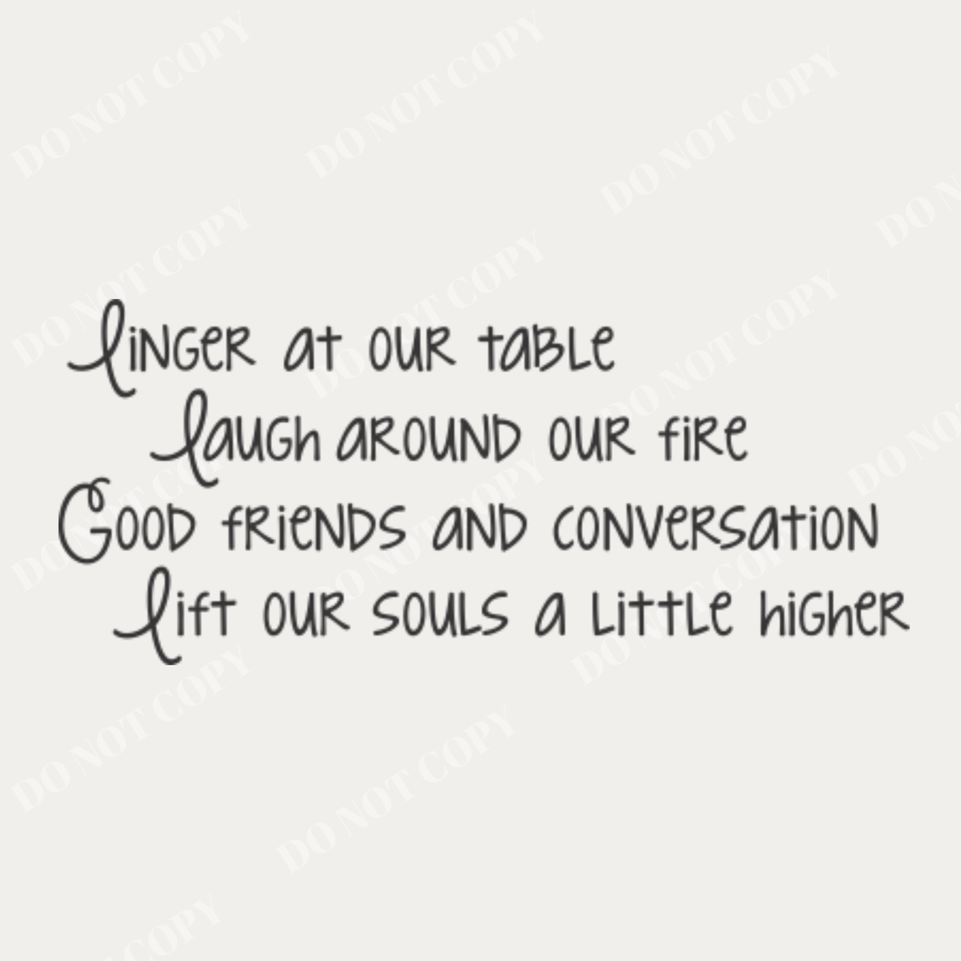 Close up of our Linger at our table wall art decal for gathering spaces in your home.