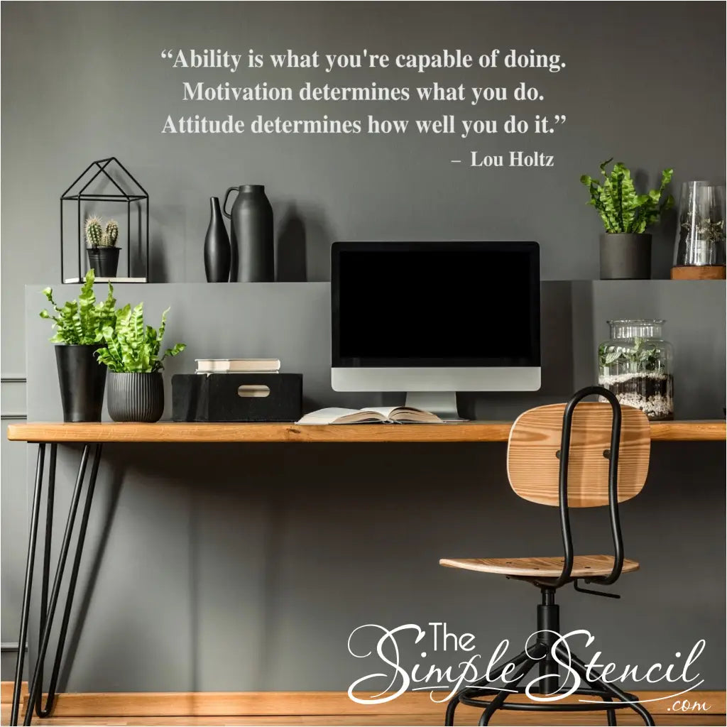 Ability is what you're capable of doing. Motivation determines what you do. Attitude determines how well you do it. Lou Holtz Vinyl wall decal to motivate students and employees.