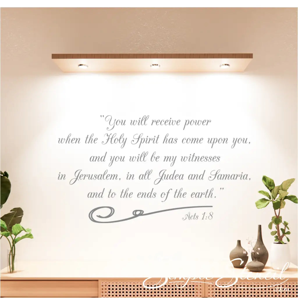Acts 1:8 Scripture wall quote decal that adorns the walls of a church lobby for church members to be inspired by upon entering or existing the church. Shown in grey vinyl but available in many colors. By The Simple Stencil
