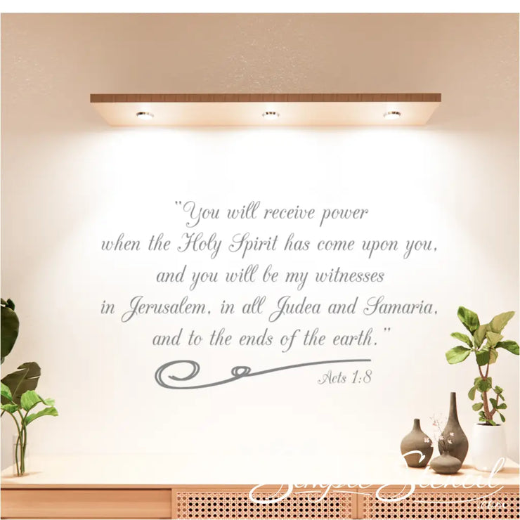 Acts 1:8 Scripture wall quote decal that adorns the walls of a church lobby for church members to be inspired by upon entering or existing the church. Shown in grey vinyl but available in many colors. By The Simple Stencil