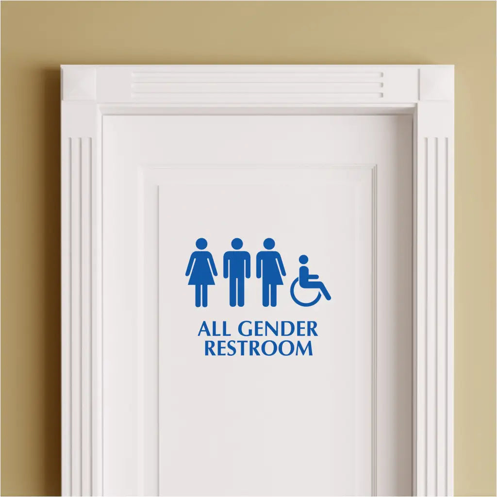 vinyl decal with universally recognized symbols for men, women, transgender individuals, and accessible restrooms. The decal also reads "All Gender Restroom" in a clear, easy-to-read font.  (All gender restroom sign, all gender restroom decal with symbols, inclusive restroom sign)
