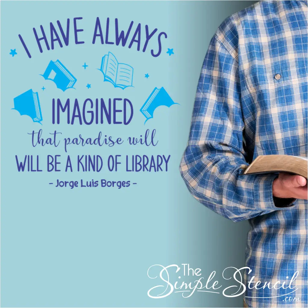 The Borges quote wall decal with graphics applied near a reading man in a home library using two color options of navy and light blue