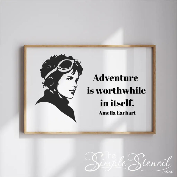 Amelia Earhart silhouette and adventure quote wall poster for school classrooms, gifts for aviation lovers or thrill seekers or as decoration during International woman's history month.