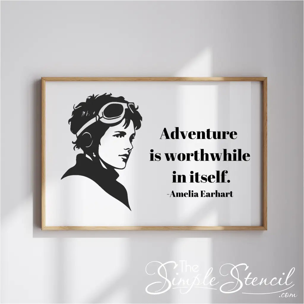Amelia Earhart silhouette and adventure quote wall poster for school classrooms, gifts for aviation lovers or thrill seekers or as decoration during International woman's history month.