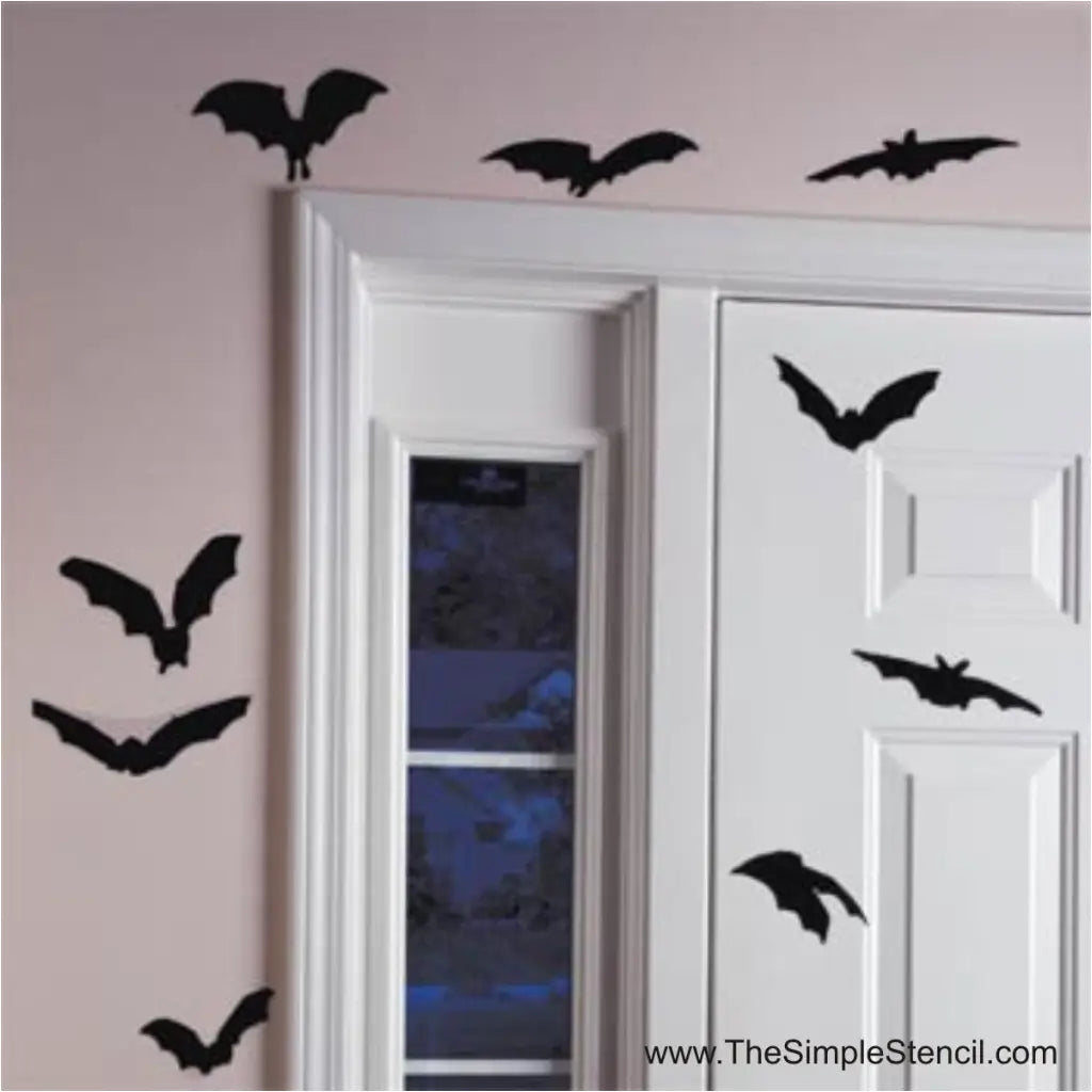 Easy to install flying bat vinyl wall decals and halloween stickers will give the appearance of spooky night flying bats swooping down from every angle of your room.