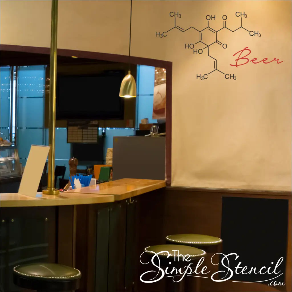 Beer molecule wall decal art display shown on a restaurant bar wall using the Simple Stencil purchased decal in two colors.