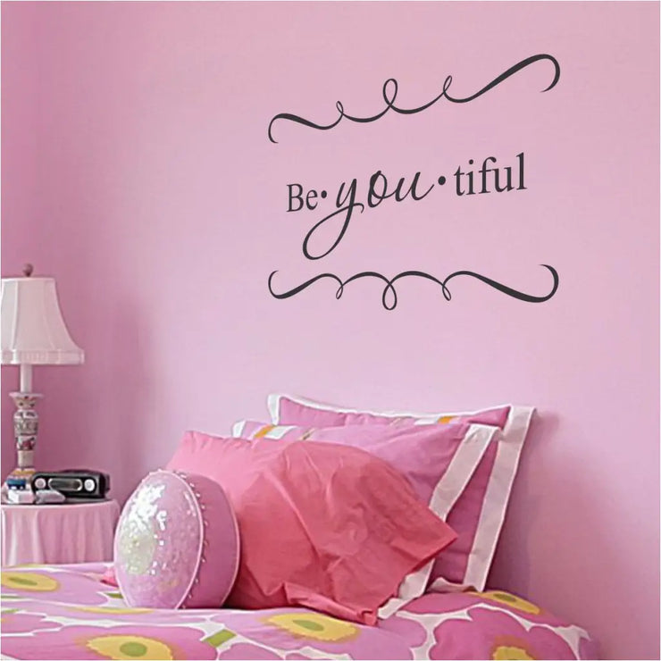 Be-You-tiful vinyl wall decal with loop scrolls top and bottom wall decal on a girls room pink wall