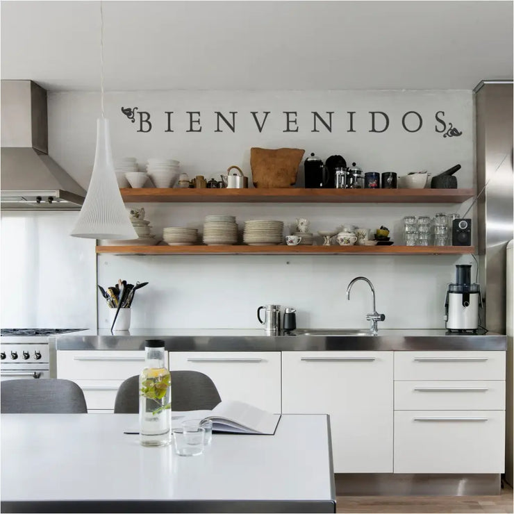 Bienvenidos vinyl wall decal by The Simple Stencil translates from Spanish to Welcome in English and is beautiful on this Kitchen wall.