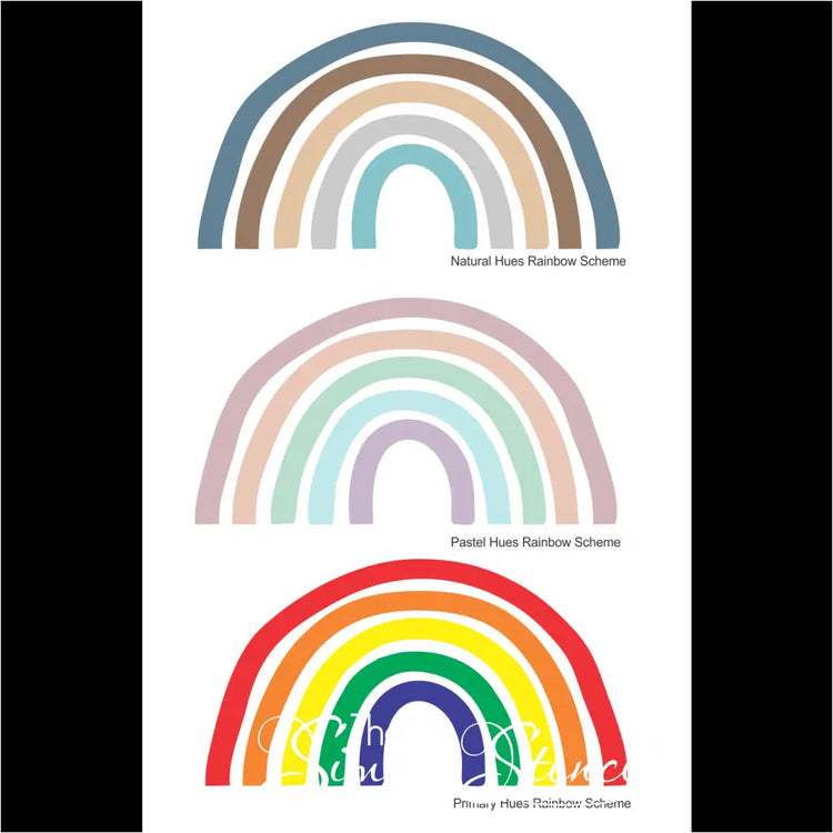 Color schemes for boho rainbow wall murals from natural and pastel colors to the classic primary colors. Custom colors and sizes are also available for just about any need.