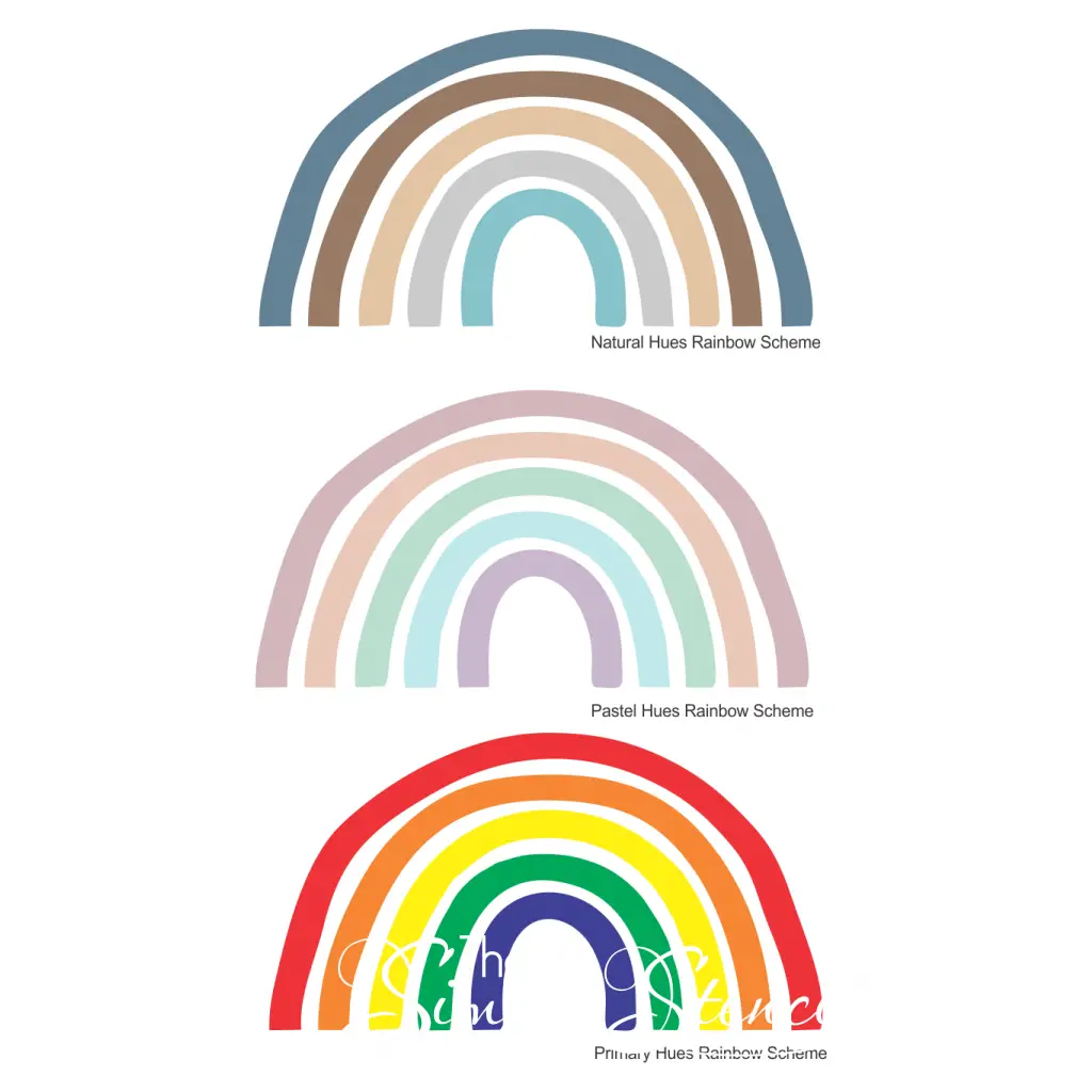 Color schemes for boho rainbow wall murals from natural and pastel colors to the classic primary colors. Custom colors and sizes are also available for just about any need.