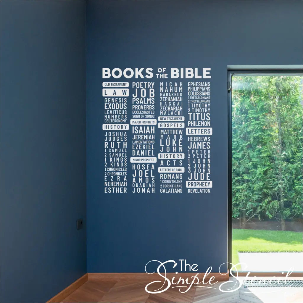 Lifestyle shot of the Books of the Bible peel and stick decal in a home Bible study area.