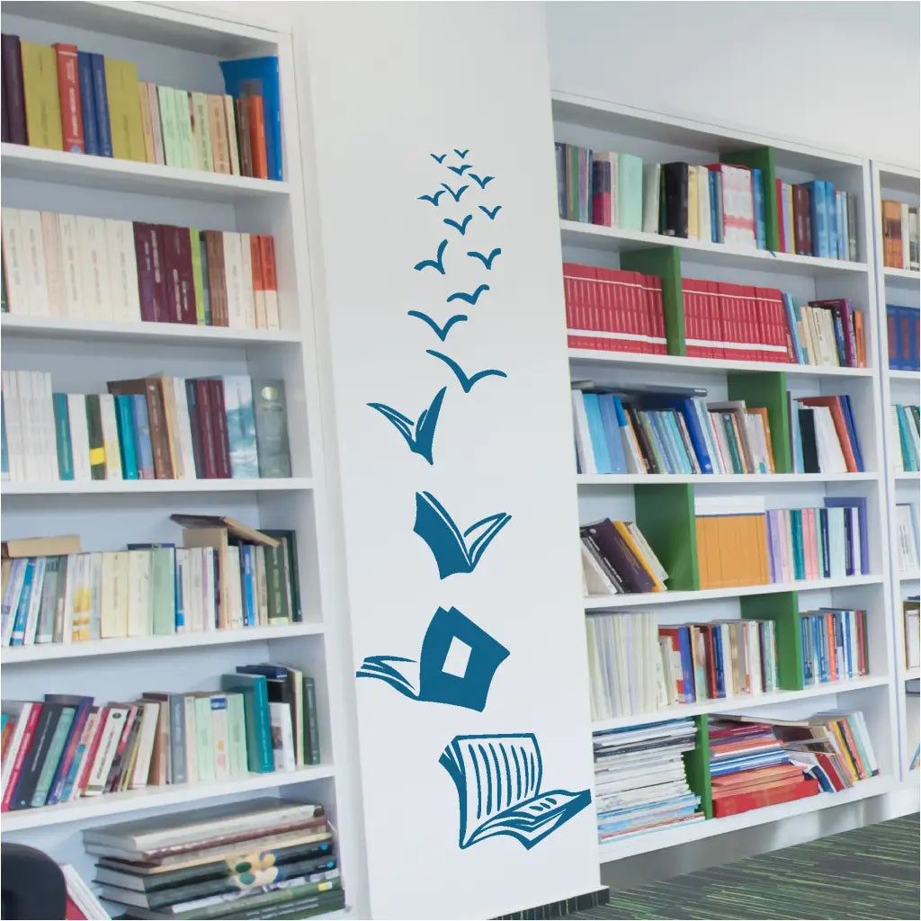 Books Have Wings Wall Art Library Decor - This easy to install wall decal is perfect for a school classroom or library. The open book appears to be flying and progressively turns into birds flying. Soar to new heights with the power of reading! 