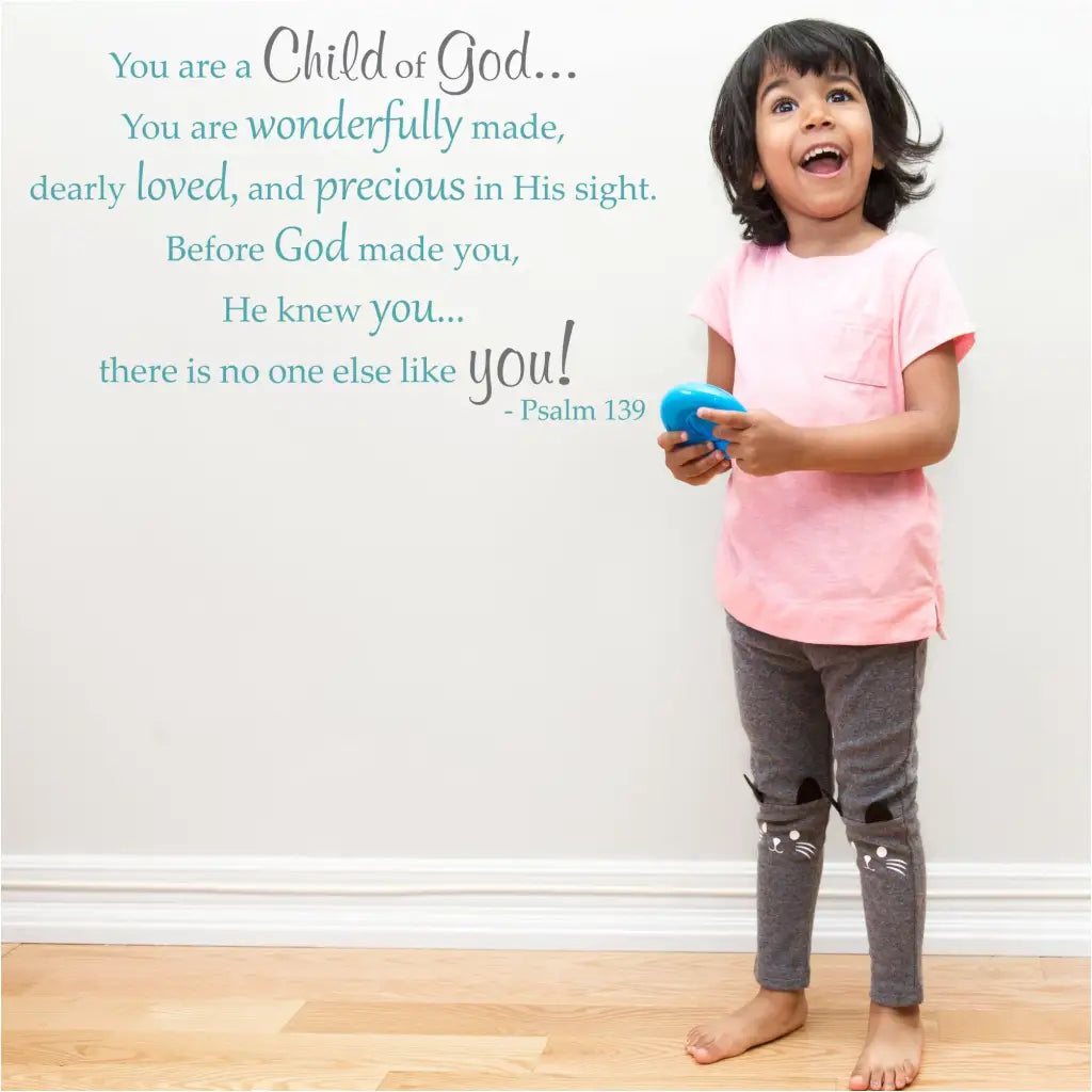 You will love this Scripture wall decal for your child’s room or church nursery; it’s the perfect reminder that they are a child of God! It reads: You are a child of God, you are wonderfully made, dearly loved, and precious in His sight. Beautiful and uplifting wall decal by TheSimpleStencil.com