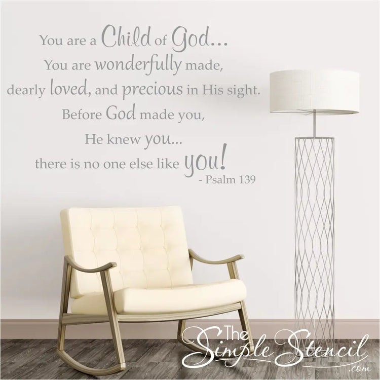 This Child of God Scripture wall decal is the perfect way to add inspirational and comforting Scripture to any space, making it the perfect addition to any home or church decor. Not only is it an affordable way to redecorate, but it is also an impactful way to remind your children of God's love and their place in the world. Child of God Psalm 1:39 Bible Verse Wall Decal by TheSimpleStencil.com