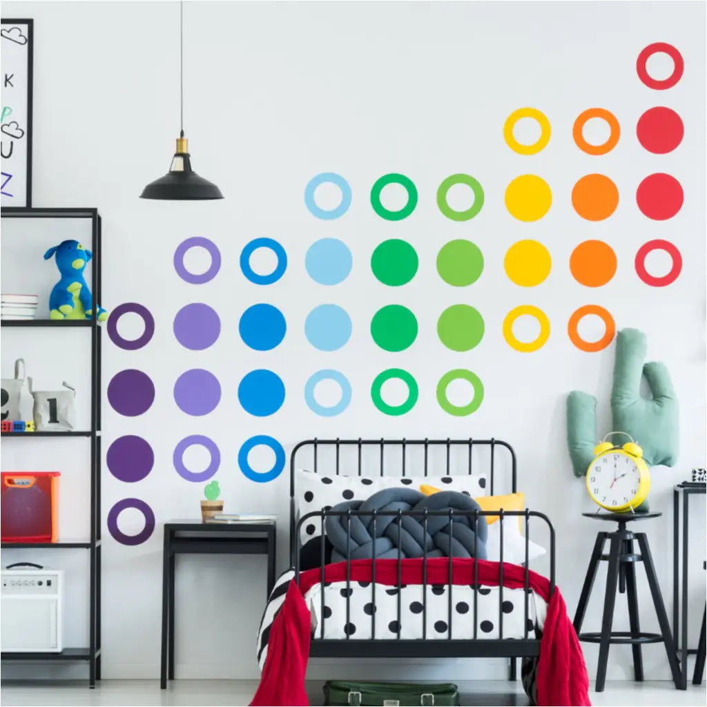 Large colorful circle patterns create a nice visual effect in a child's room, classroom or playroom.