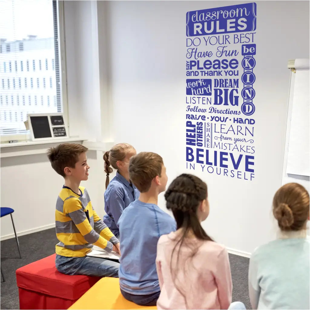 Classroom Rules Sign - An adorable wall quote decal in your choice of over 80 colors to brighten up your classroom this school year. All the best phrases for students to learn, and be reminded of rules, in a creative way!