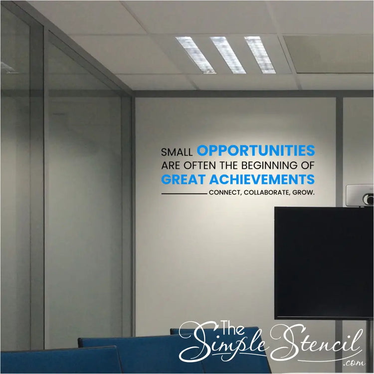A conference room with the wall decal prominently displayed in two colors to encourage collaboration