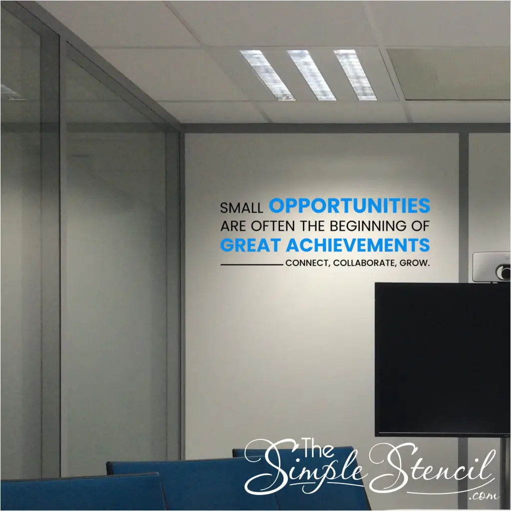 A conference room with the wall decal prominently displayed in two colors to encourage collaboration