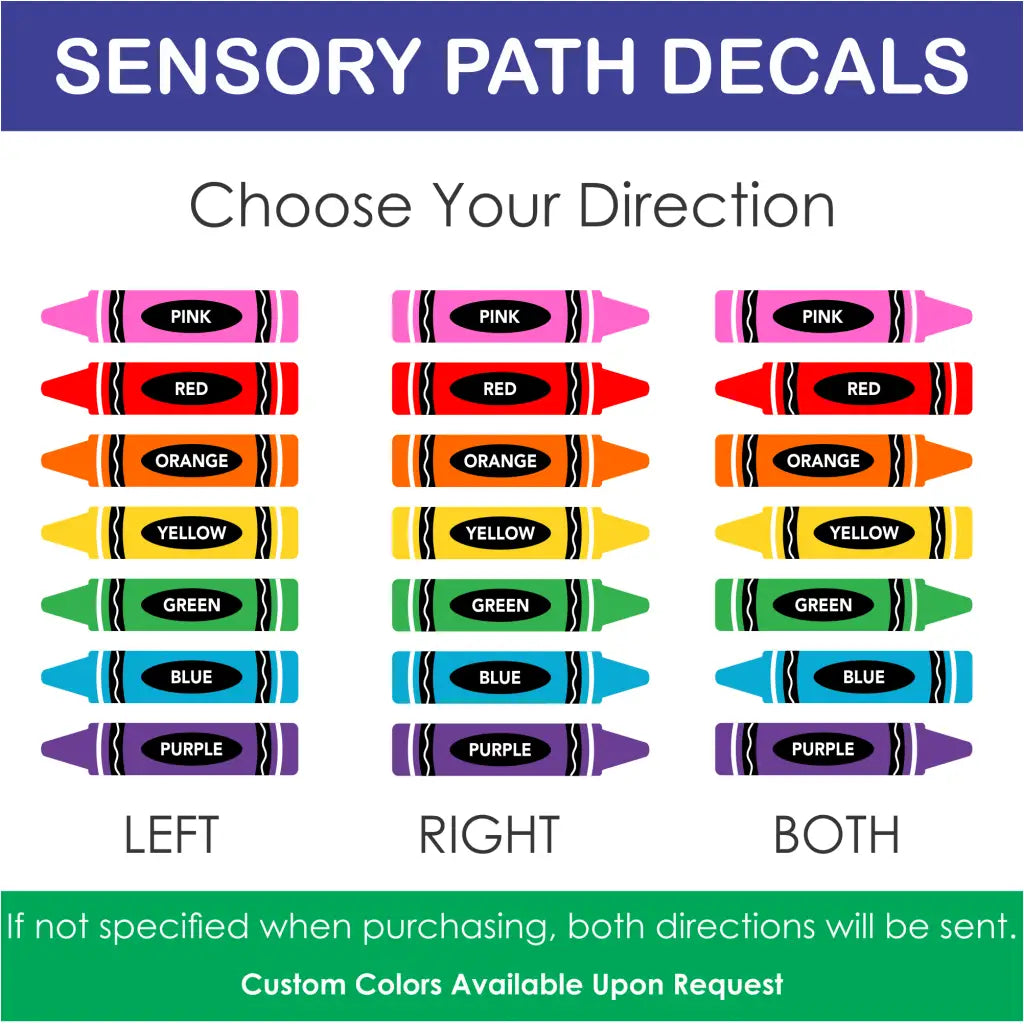 Close-up of crayon sensory decals for school hallway and classroom floor or walls,  selection of which way you would like crayons to face for directional options