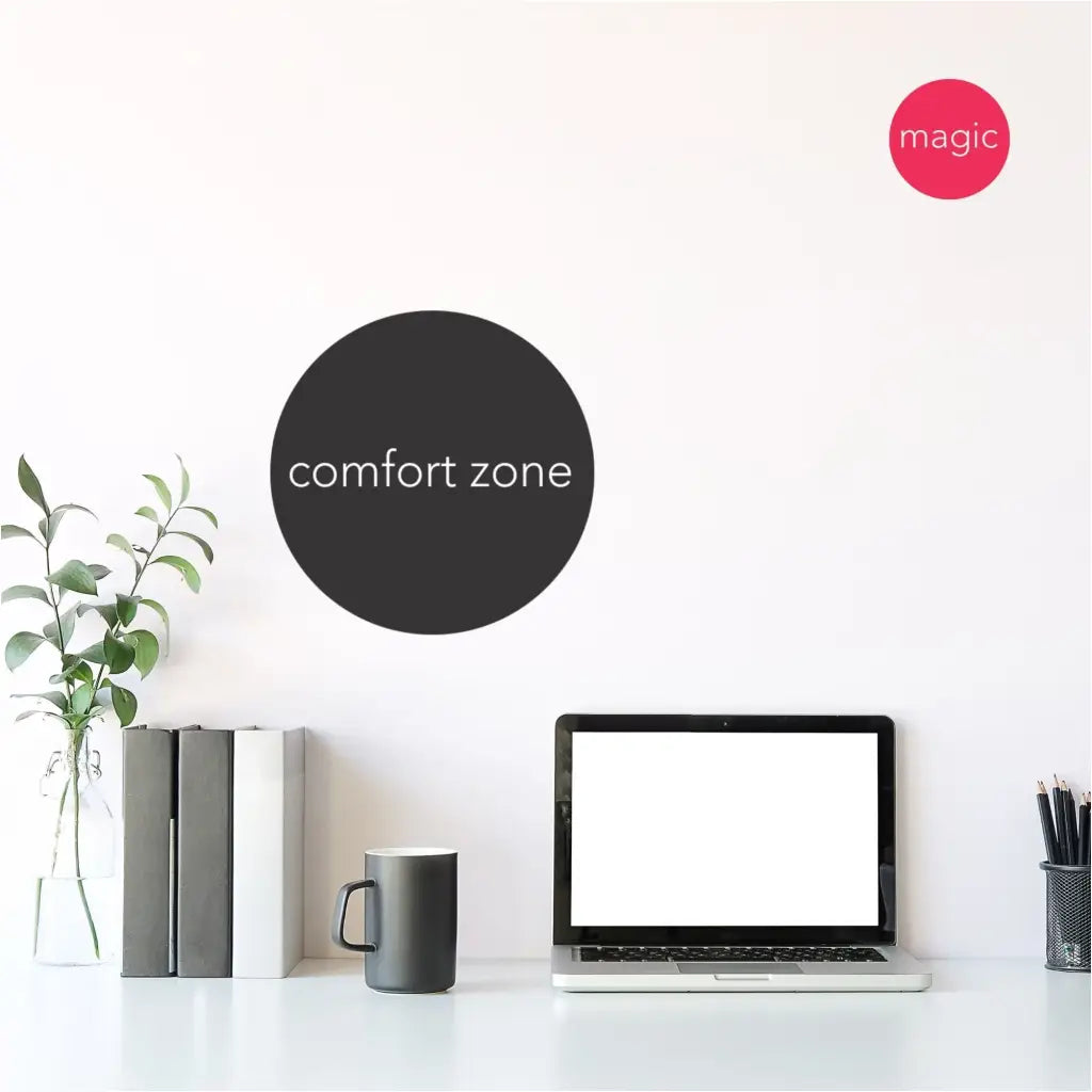Circle wall decals for your home office or workspace. One reads Comfort zone the other reads magic.
