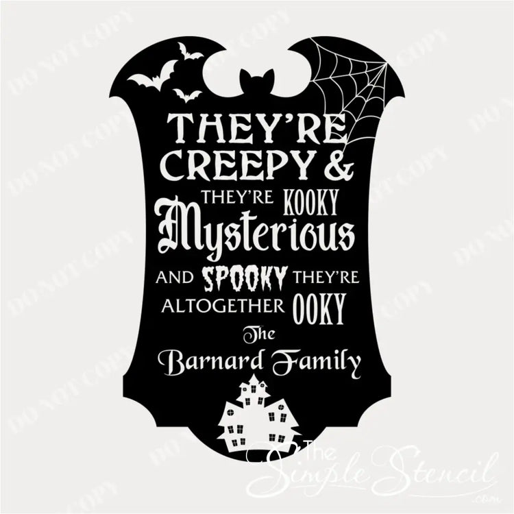 A product design of the "They're Creepy & They're Kooky" custom family name decal, featuring bats, a spiderweb, and a haunted house silhouette.