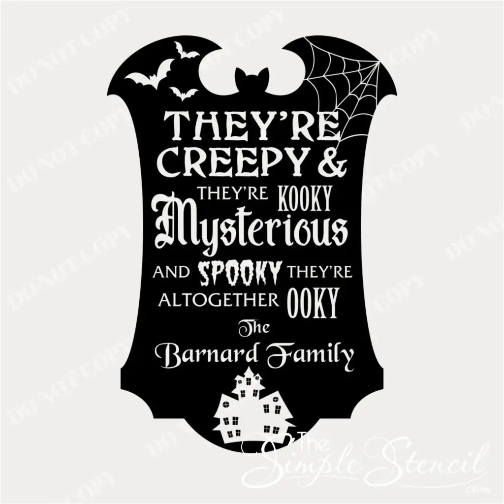 A product design of the "They're Creepy & They're Kooky" custom family name decal, featuring bats, a spiderweb, and a haunted house silhouette.