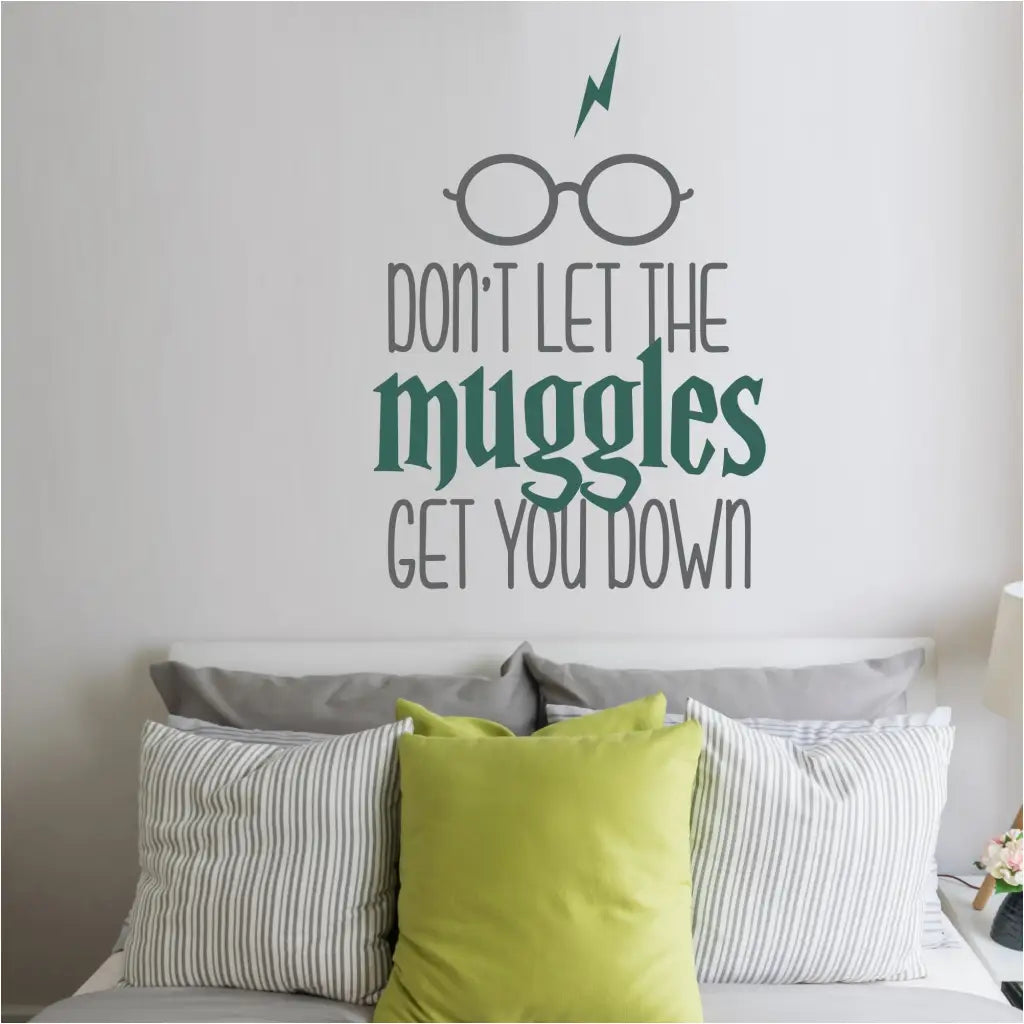 Don't let the muggles get you down - Vinyl wall decal inspired by The Harry Potter series includes harry's glasses and lightning bolt scar embellishments. Perfect for any potter fan!