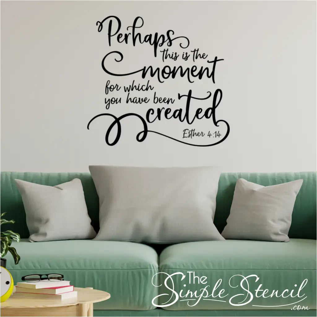 Esther 4:14 Bible verse wall decal in a modern living room setting, inspiring reflection.