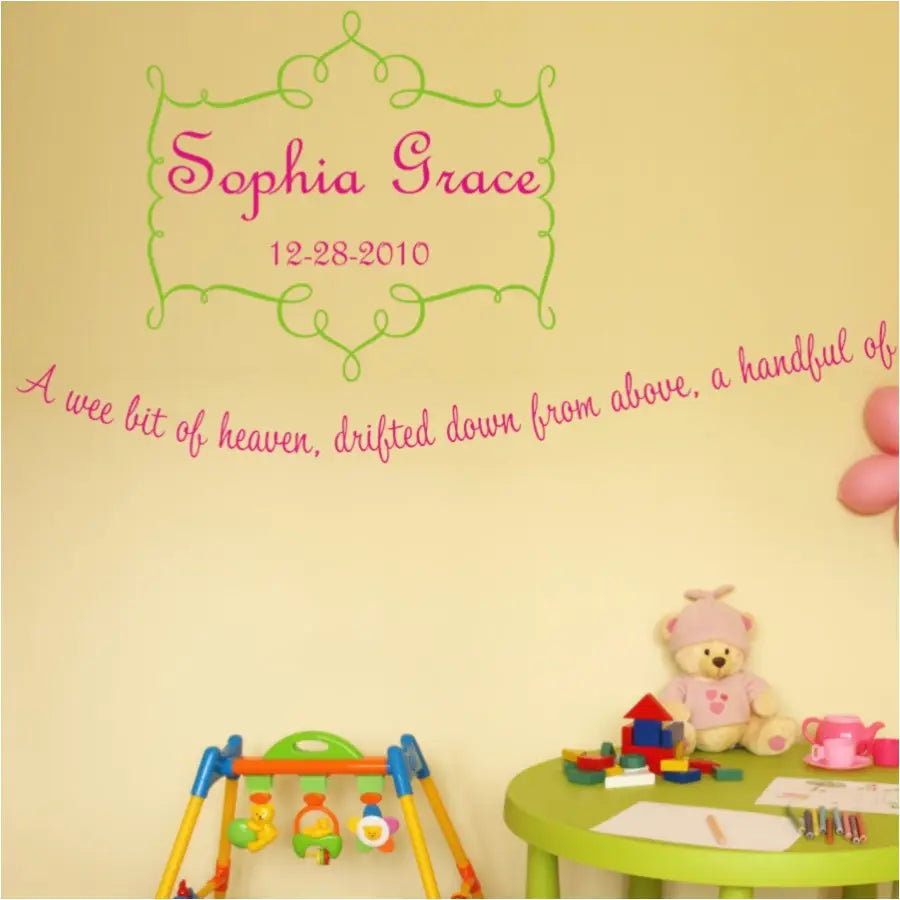 A beautiful and sweet wall monogram decal for a girl's room or a baby girl nursery. The elegant name style and fancy frame embellishment can also include the birthdate to go below, if chosen. Many sizes and color combinations at The Simple Stencil