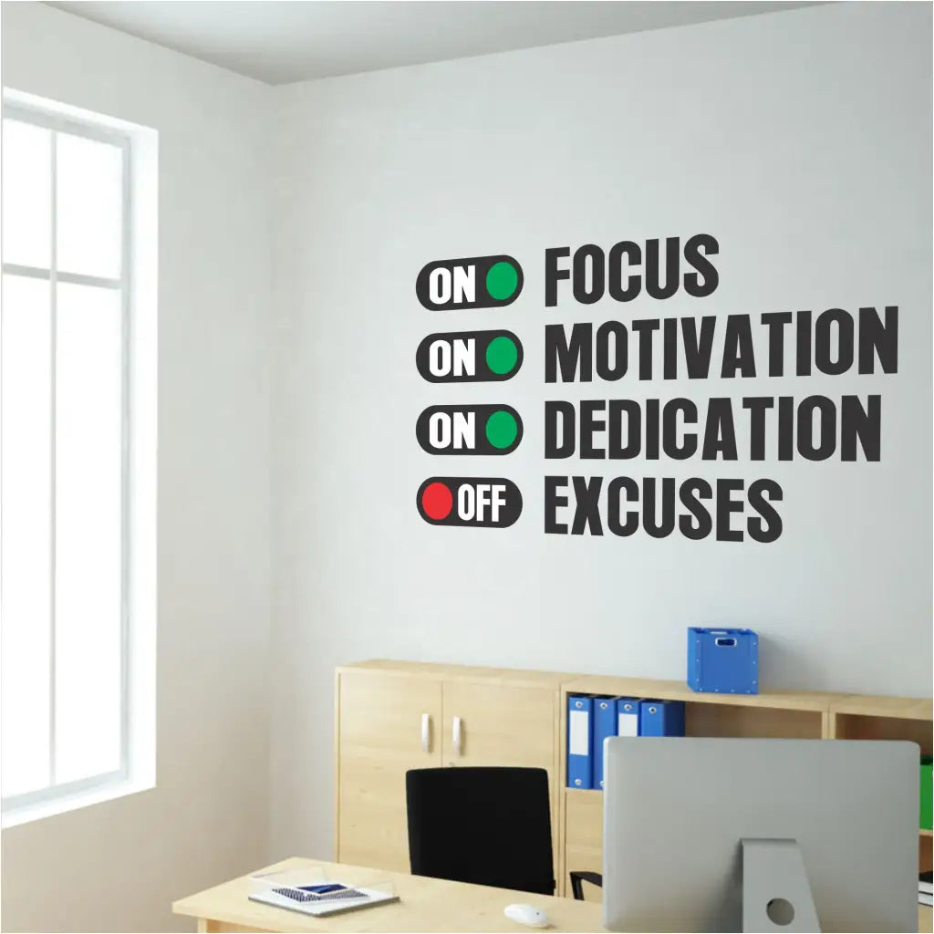 Modern Large Wall Decal For Office to encourage Focus, Motivation, Dedication with NO EXCUSES!