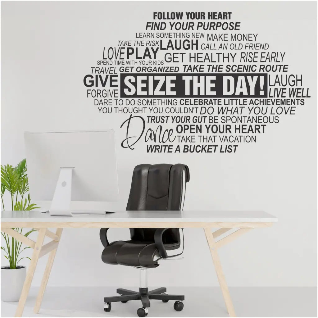 Easy to install modern wall word art to inspire you in your work place or home office. Simple Stencil wall decal on modern white office wall. This wall quote offers lots of inspirational phrases everyone needs to remember every day!