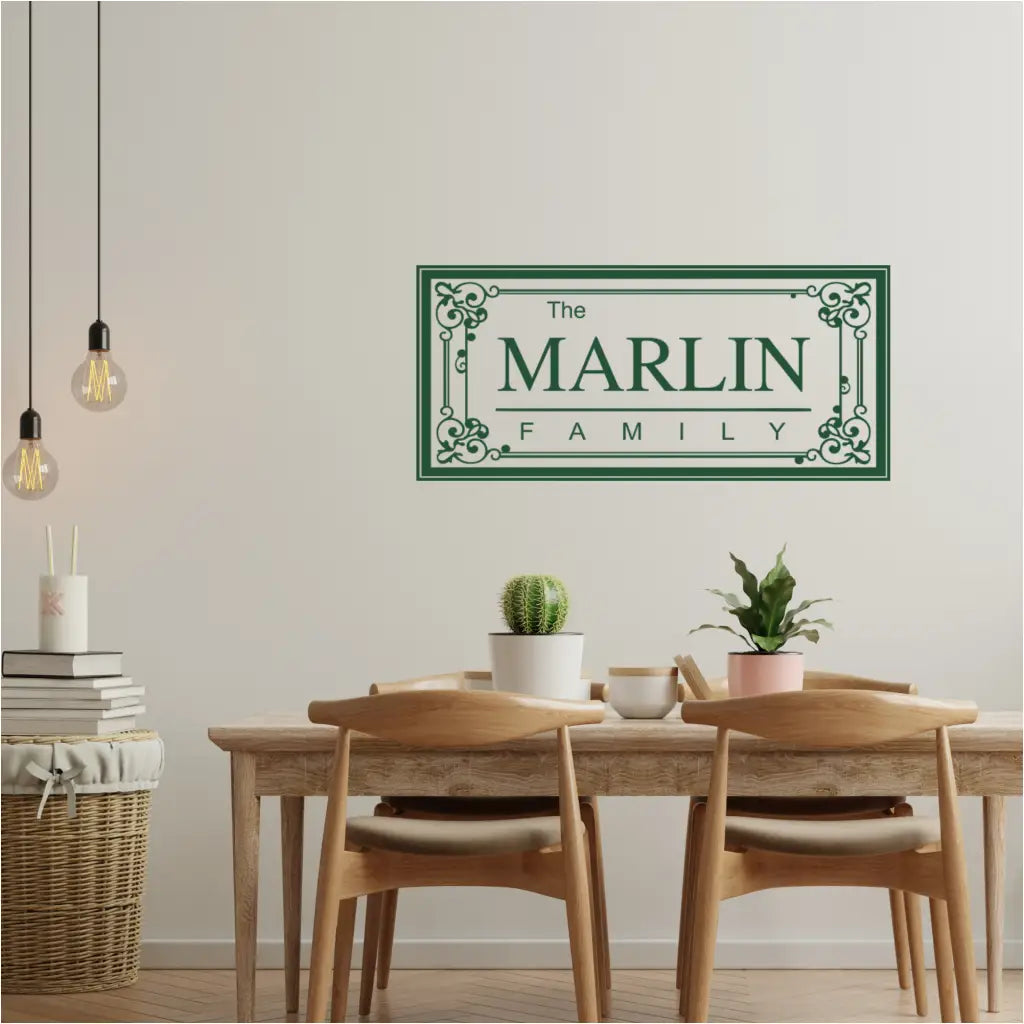 A custom wall monogram of your family name surrounded by a square embellished frame. A great way to decorate a family gathering area for the holidays or as a decoration for a family reunion. Over 80 colors and many sizes available.