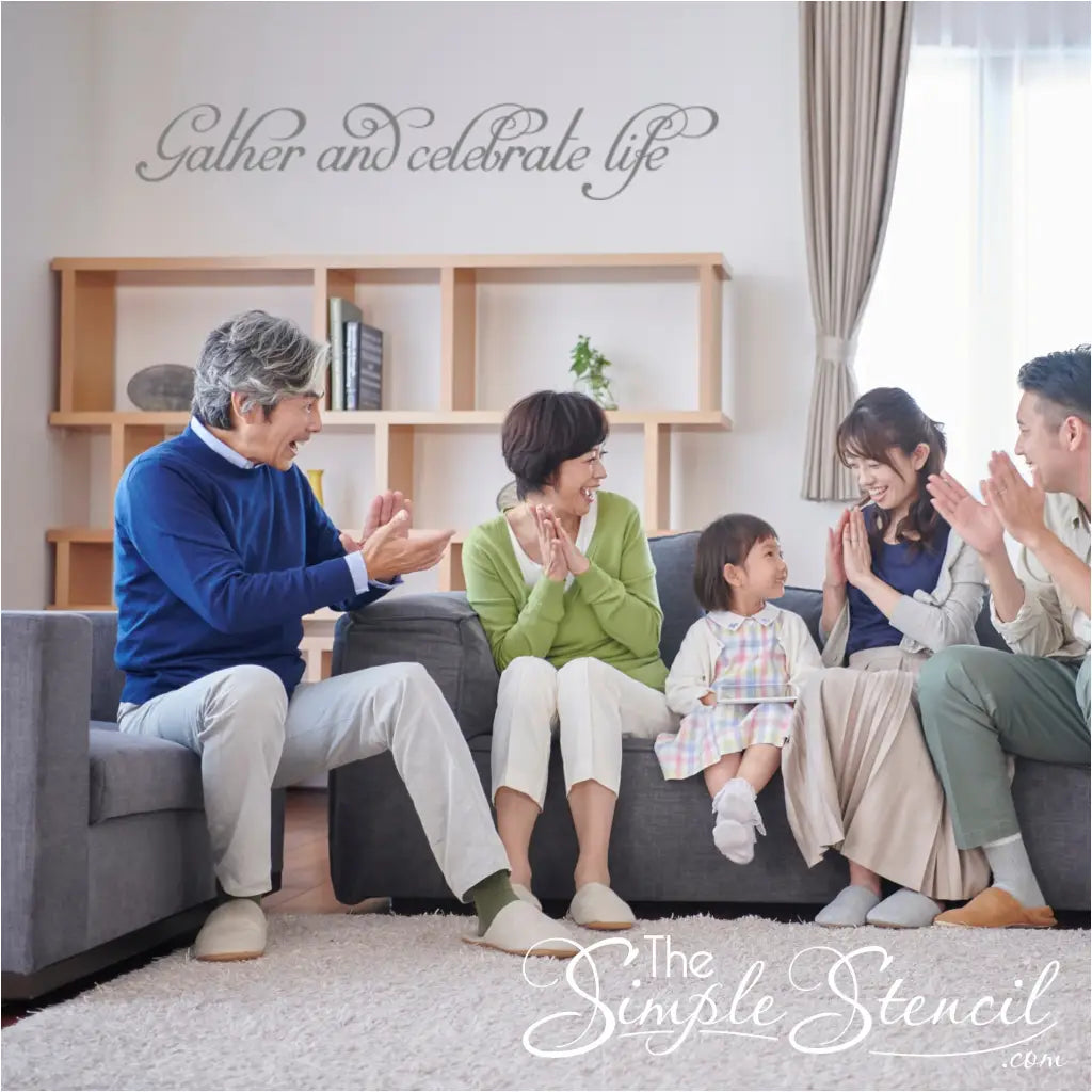 "Gather and Celebrate Life" script wall decal, perfect for creating inviting atmospheres.
