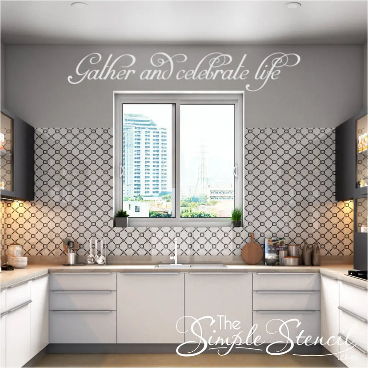 "Gather and Celebrate Life" quote decal displayed as a beautiful over window decal for home decor.