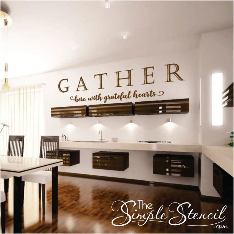 Add a touch of elegance and inspiration to your dining room or family room with our versatile "Gather here with grateful hearts" vinyl wall decal.